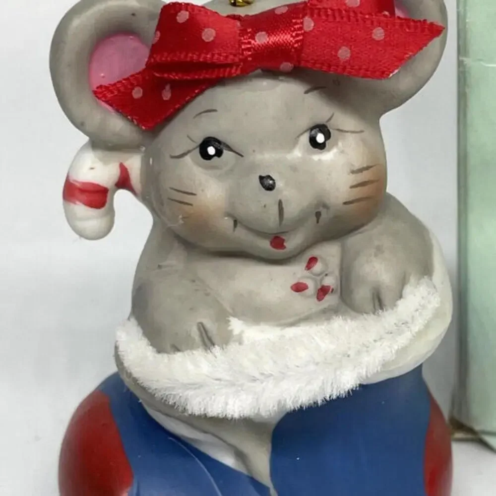 Mouse in Stocking Porcelain Bell Christmas Ornament‎ Vintage GIFTCO